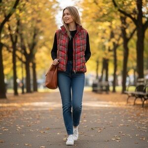 Lands' End Women's Red Tartan Plaid Down Feather 🪶 Vest